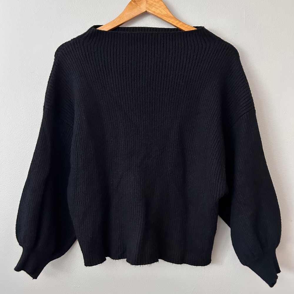 Line + Dot Sweater Womens Medium Black Ribbed Balloon Sleeve Boat Neck‎